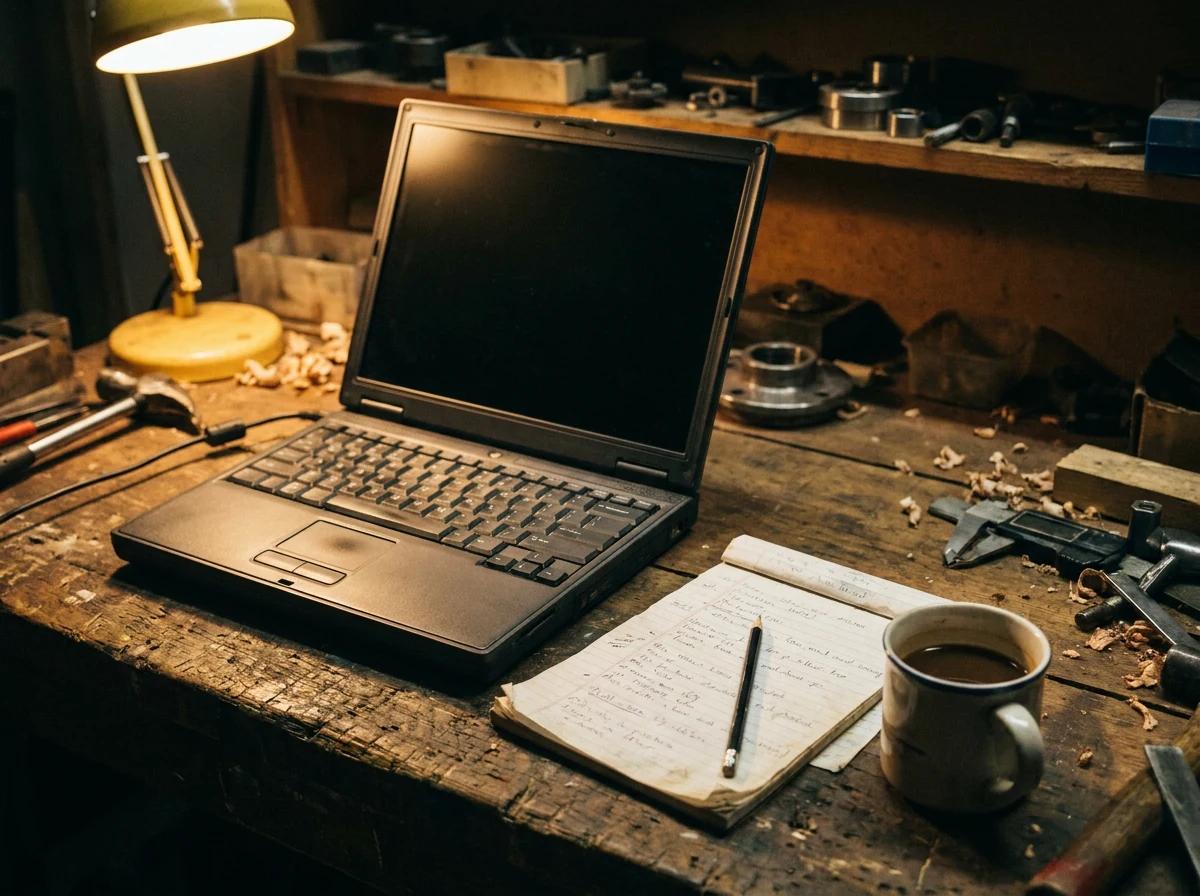 Notebook s rozpracovaným webem a poznámkami na dílenském stole
